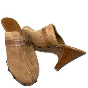 Cole Haan Suede Wedge Platform Mule Clogs Slip On Studs Size 9 AA Narrow Brown